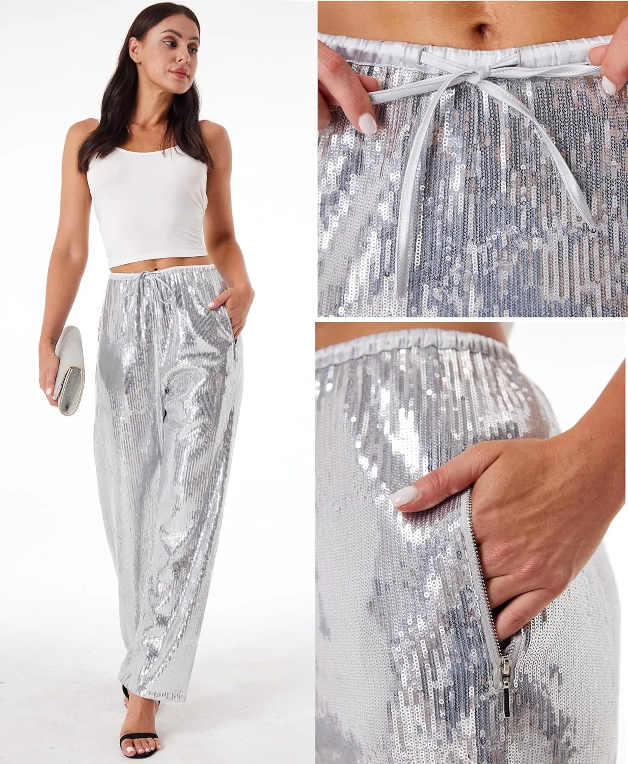 Women's Sequin Pants Shiny Sparkly Party Club Night Out Metallic Casual Wide Leg Pants Trousers