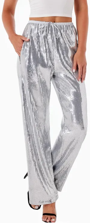 Women's Sequin Pants Shiny Sparkly Party Club Night Out Metallic Casual Wide Leg Pants Trousers