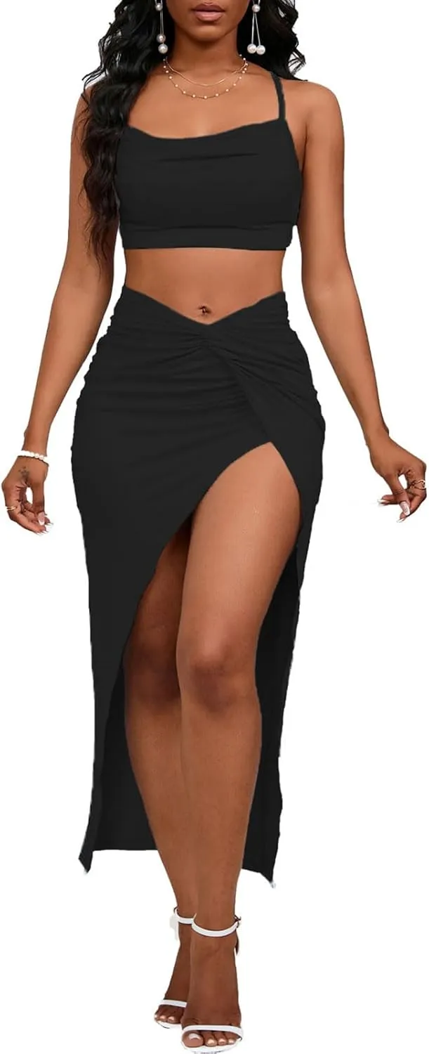 Women's Sexy 2 Piece Skirt Sets Spaghetti Strap Top Ruched Slit Skirt Bodycon Long Dress