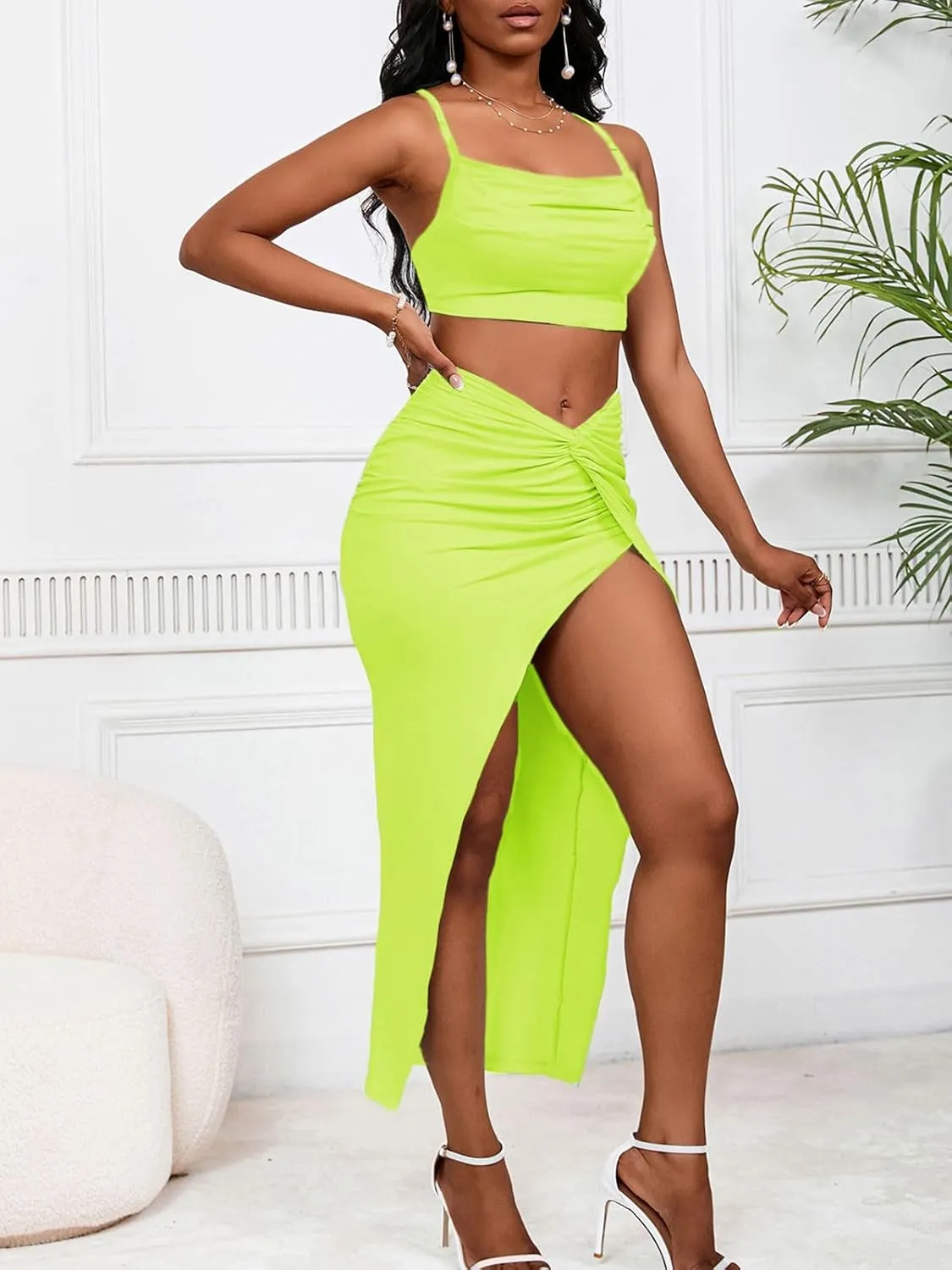 Women's Sexy 2 Piece Skirt Sets Spaghetti Strap Top Ruched Slit Skirt Bodycon Long Dress