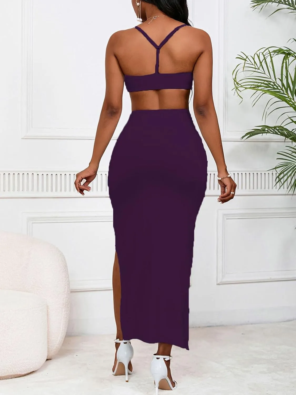 Women's Sexy 2 Piece Skirt Sets Spaghetti Strap Top Ruched Slit Skirt Bodycon Long Dress