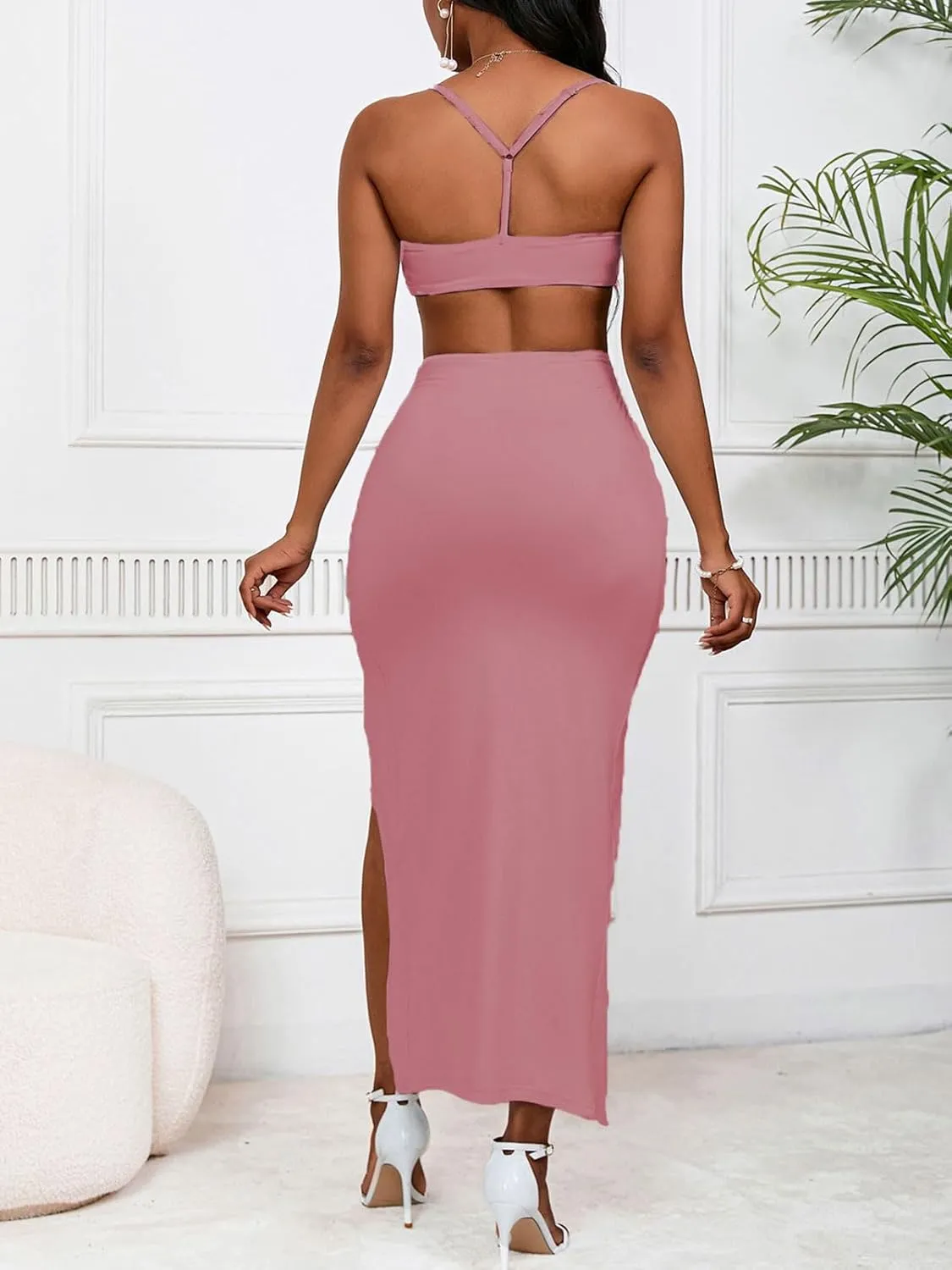 Women's Sexy 2 Piece Skirt Sets Spaghetti Strap Top Ruched Slit Skirt Bodycon Long Dress