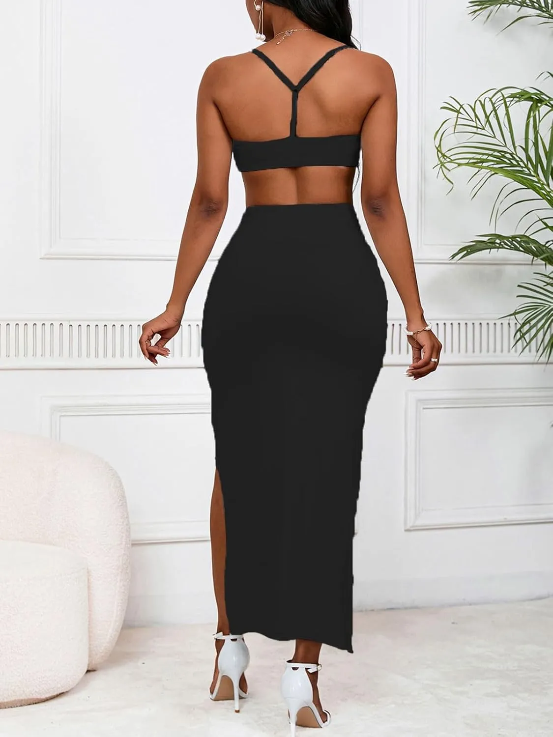 Women's Sexy 2 Piece Skirt Sets Spaghetti Strap Top Ruched Slit Skirt Bodycon Long Dress
