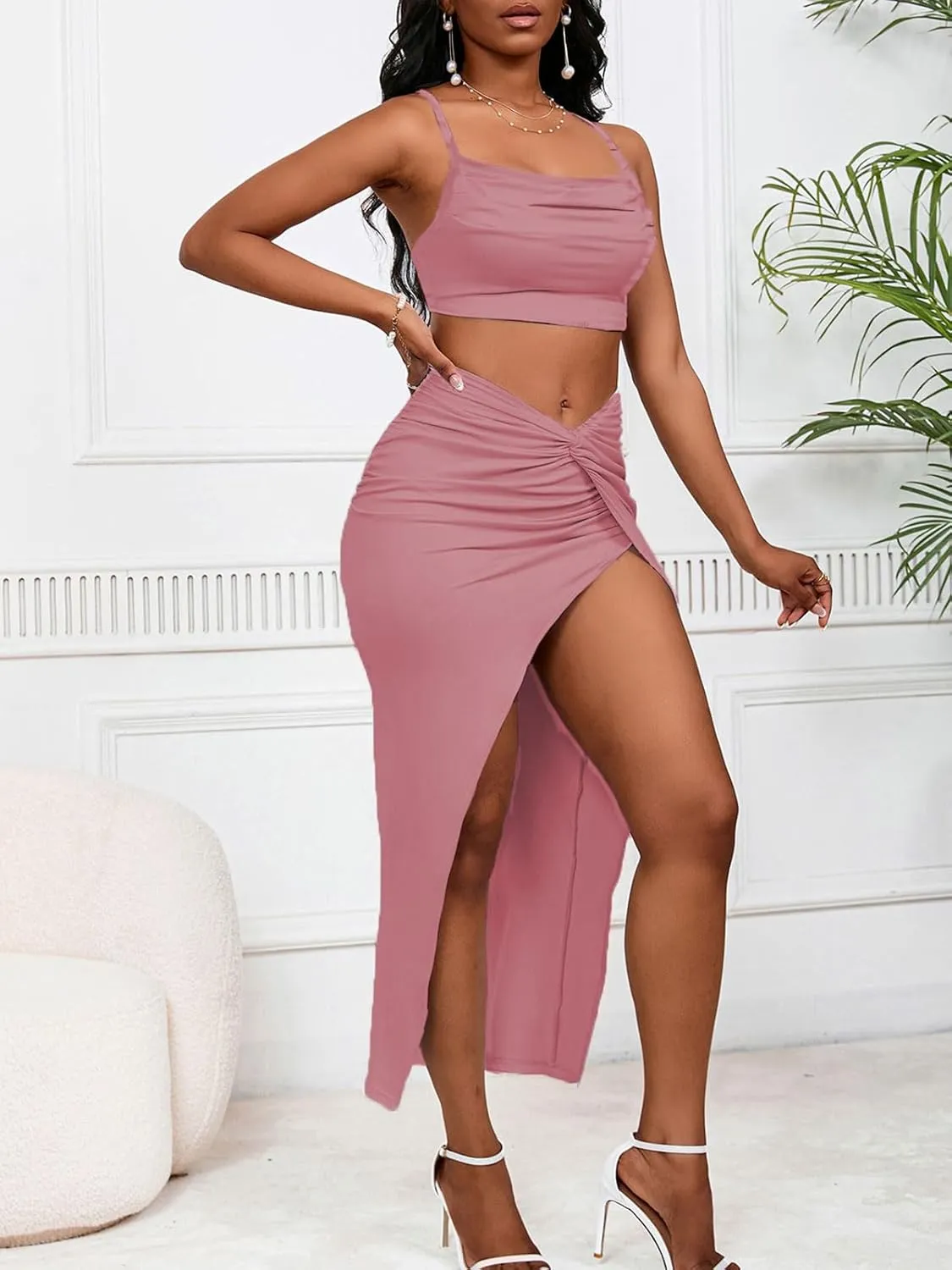 Women's Sexy 2 Piece Skirt Sets Spaghetti Strap Top Ruched Slit Skirt Bodycon Long Dress