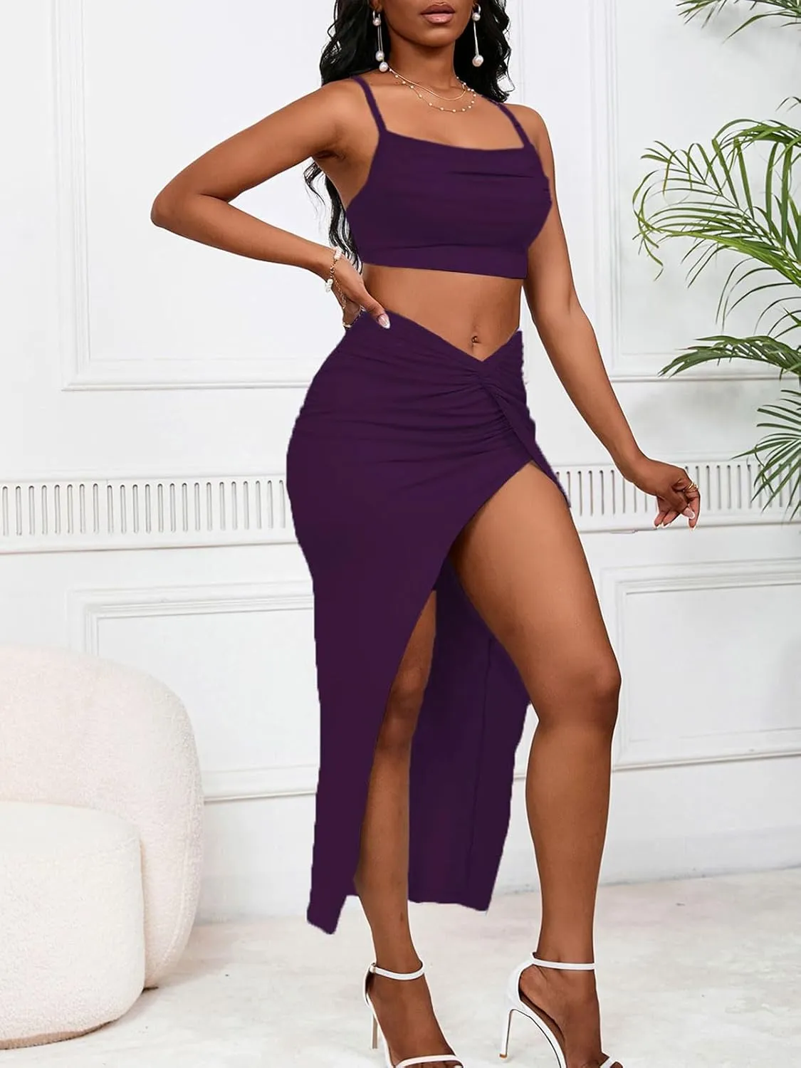 Women's Sexy 2 Piece Skirt Sets Spaghetti Strap Top Ruched Slit Skirt Bodycon Long Dress