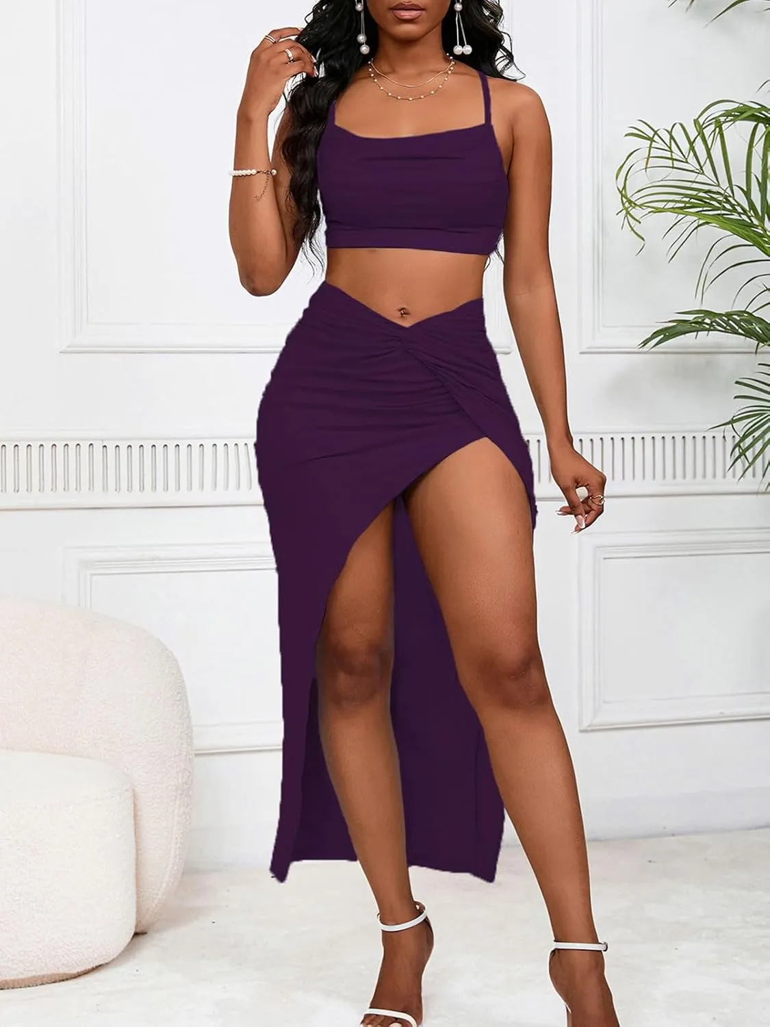 Women's Sexy 2 Piece Skirt Sets Spaghetti Strap Top Ruched Slit Skirt Bodycon Long Dress