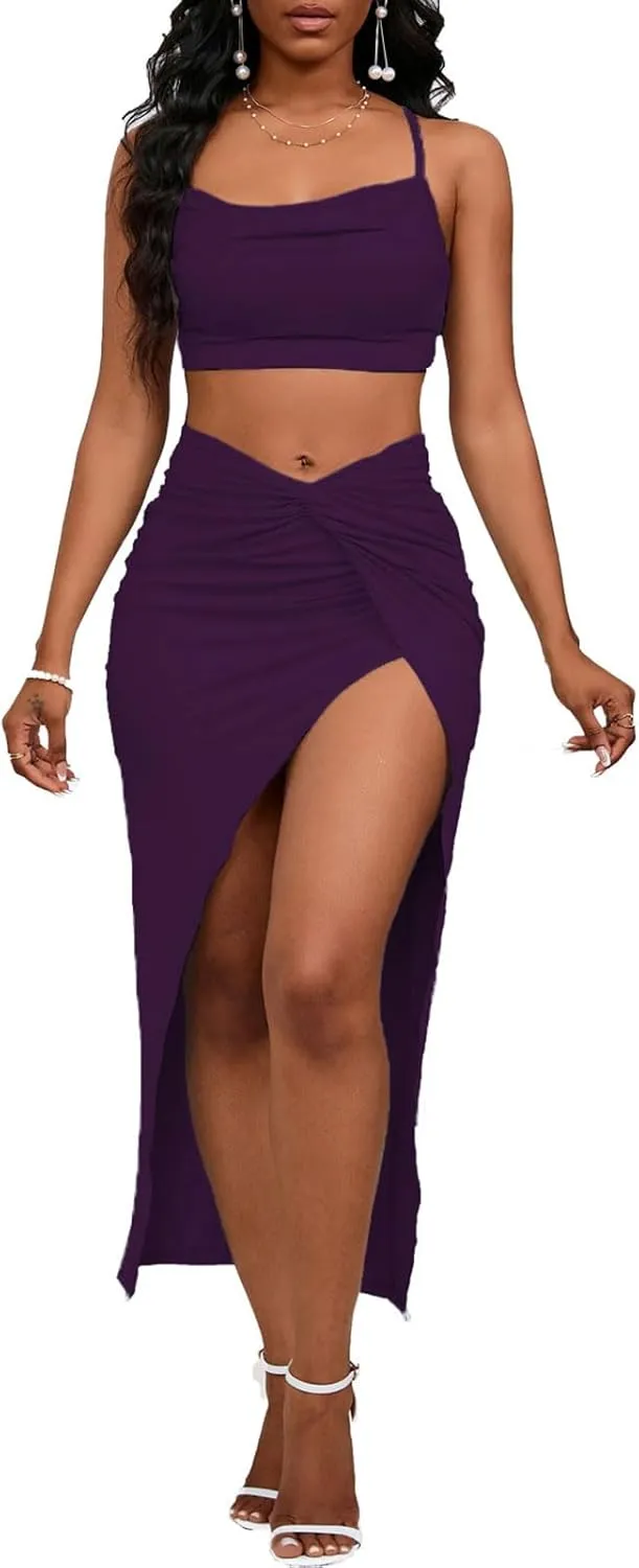 Women's Sexy 2 Piece Skirt Sets Spaghetti Strap Top Ruched Slit Skirt Bodycon Long Dress