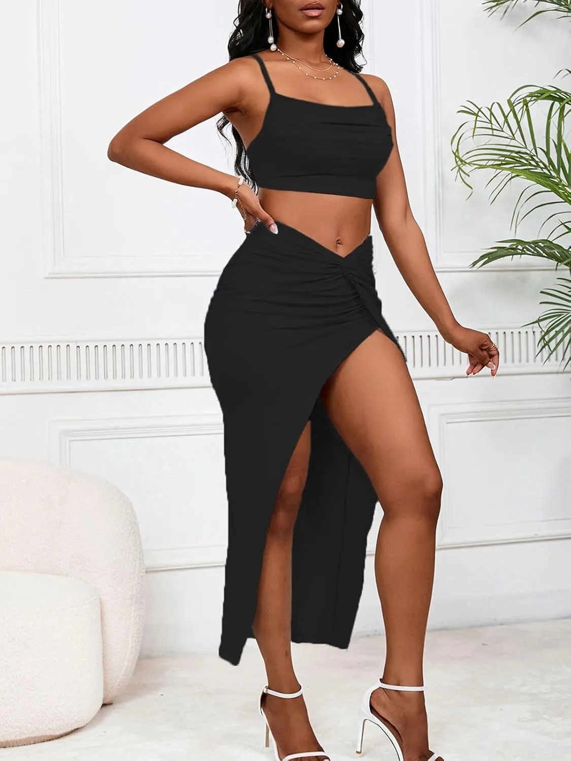 Women's Sexy 2 Piece Skirt Sets Spaghetti Strap Top Ruched Slit Skirt Bodycon Long Dress