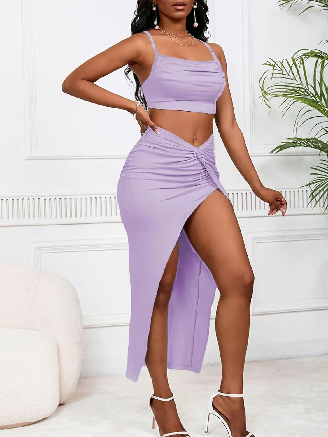 Women's Sexy 2 Piece Skirt Sets Spaghetti Strap Top Ruched Slit Skirt Bodycon Long Dress