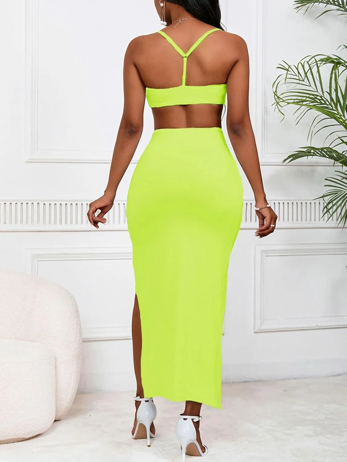 Women's Sexy 2 Piece Skirt Sets Spaghetti Strap Top Ruched Slit Skirt Bodycon Long Dress