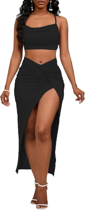 Women's Sexy 2 Piece Skirt Sets Spaghetti Strap Top Ruched Slit Skirt Bodycon Long Dress