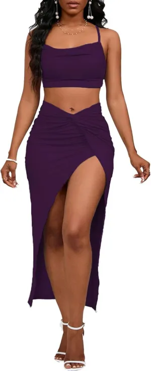 Women's Sexy 2 Piece Skirt Sets Spaghetti Strap Top Ruched Slit Skirt Bodycon Long Dress
