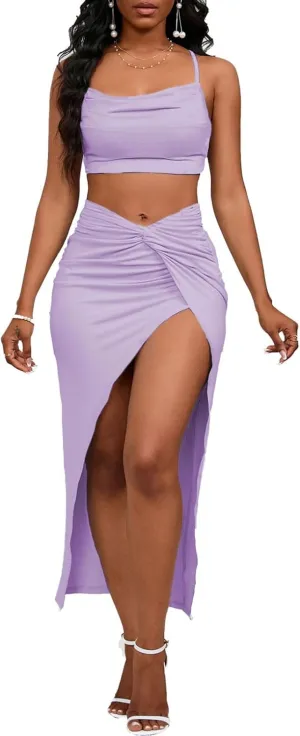 Women's Sexy 2 Piece Skirt Sets Spaghetti Strap Top Ruched Slit Skirt Bodycon Long Dress
