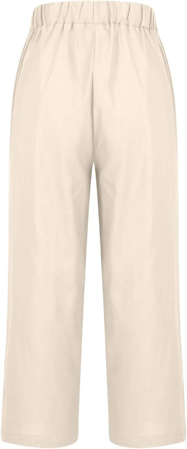 Womens Straight Leg Linen Pants with Pokets High Waist Pants Beach Summer Bottoms Casual Trousers Loungewear