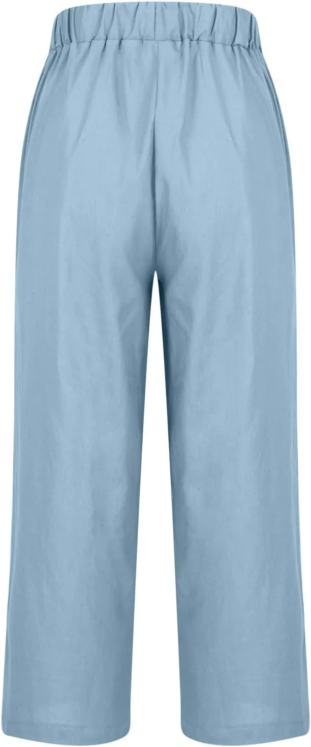 Womens Straight Leg Linen Pants with Pokets High Waist Pants Beach Summer Bottoms Casual Trousers Loungewear
