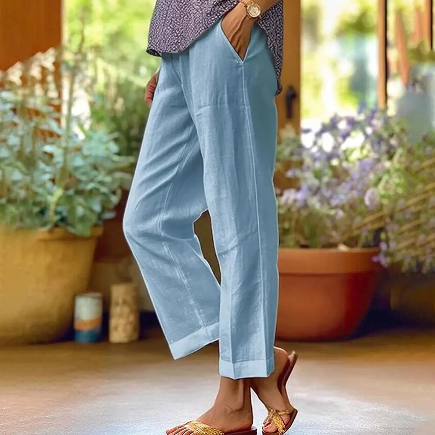 Womens Straight Leg Linen Pants with Pokets High Waist Pants Beach Summer Bottoms Casual Trousers Loungewear