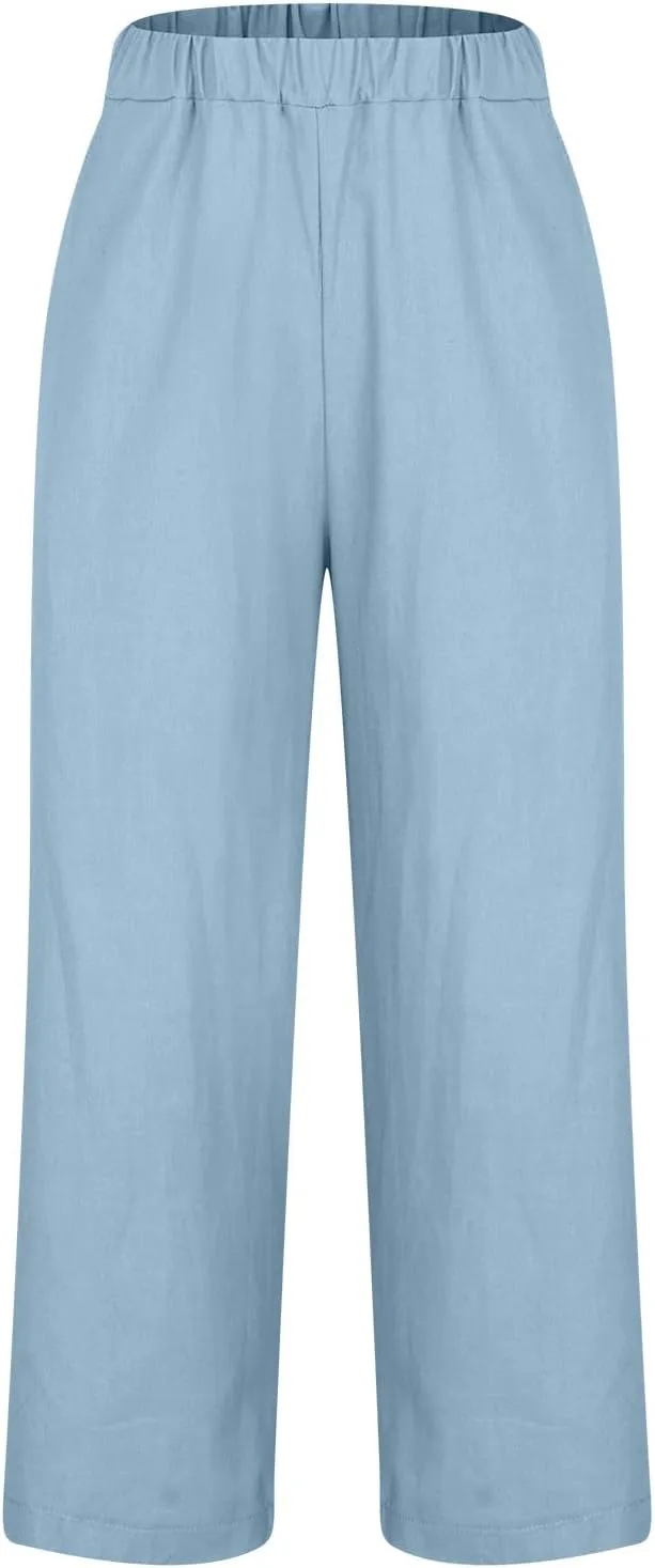 Womens Straight Leg Linen Pants with Pokets High Waist Pants Beach Summer Bottoms Casual Trousers Loungewear