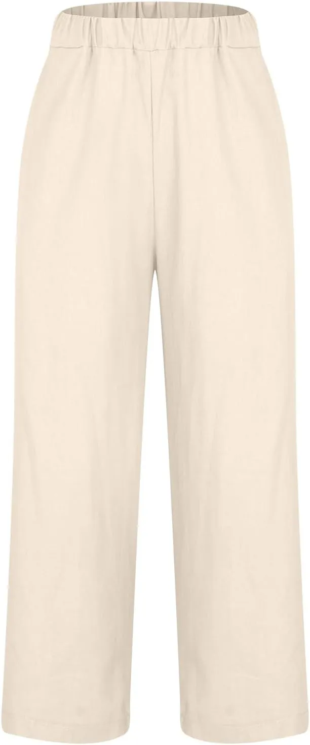 Womens Straight Leg Linen Pants with Pokets High Waist Pants Beach Summer Bottoms Casual Trousers Loungewear