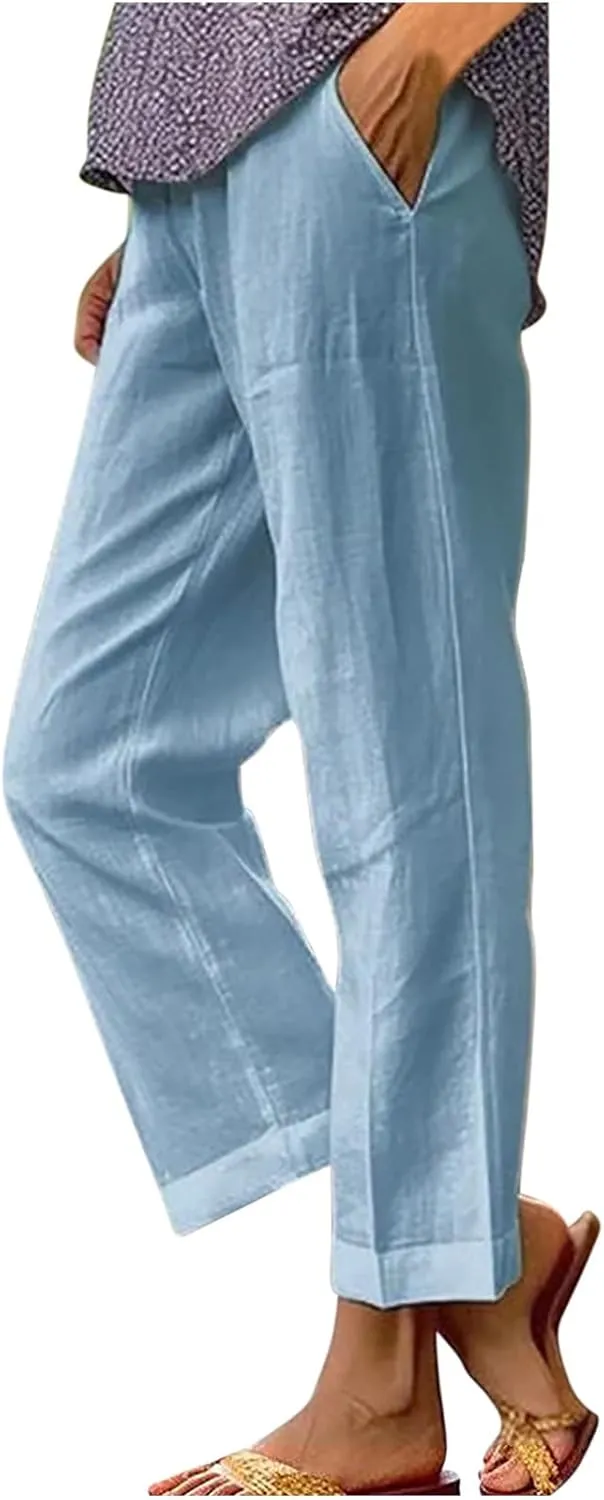 Womens Straight Leg Linen Pants with Pokets High Waist Pants Beach Summer Bottoms Casual Trousers Loungewear