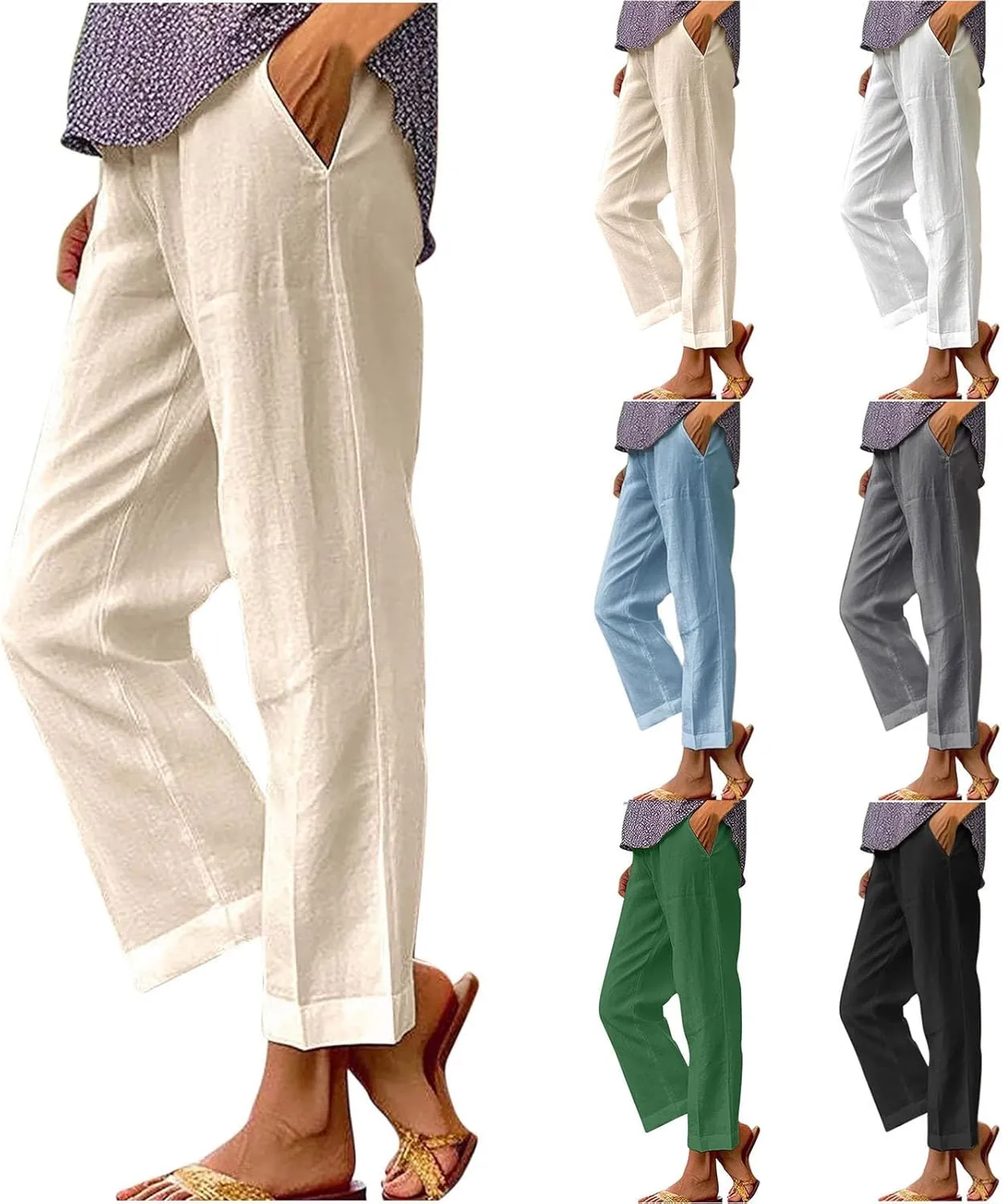 Womens Straight Leg Linen Pants with Pokets High Waist Pants Beach Summer Bottoms Casual Trousers Loungewear