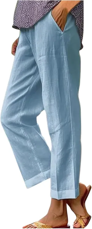 Womens Straight Leg Linen Pants with Pokets High Waist Pants Beach Summer Bottoms Casual Trousers Loungewear