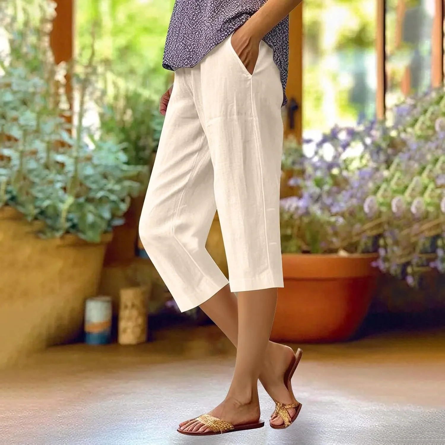 Womens Summer Cotton Linen Pants Casual Loose Straight Leg Cropped Trousers Beach Vacation Comfy Solid Color Capris
