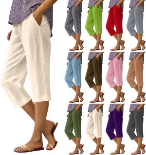Womens Summer Cotton Linen Pants Casual Loose Straight Leg Cropped Trousers Beach Vacation Comfy Solid Color Capris