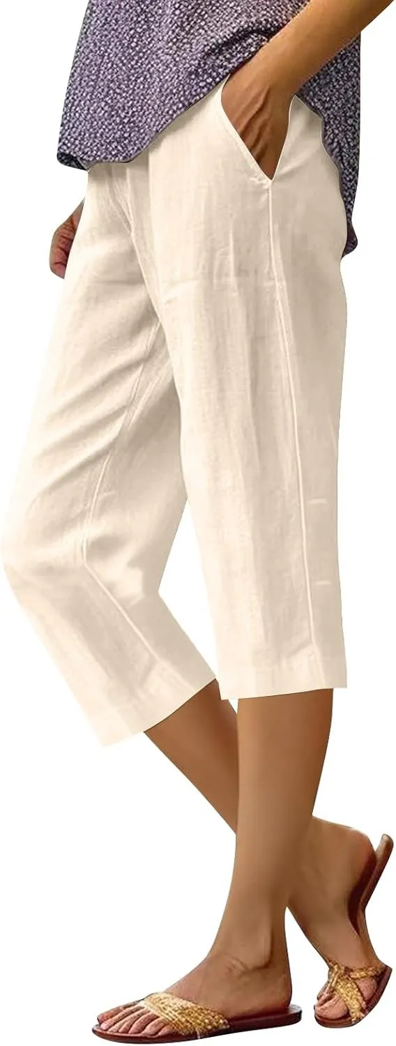 Womens Summer Cotton Linen Pants Casual Loose Straight Leg Cropped Trousers Beach Vacation Comfy Solid Color Capris