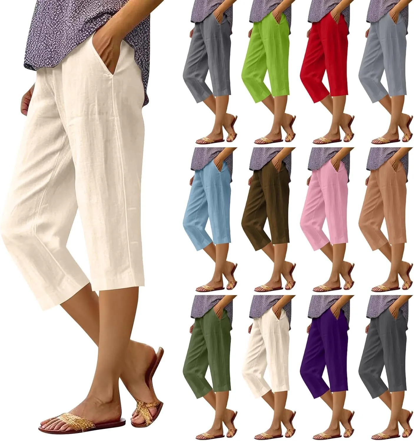 Womens Summer Cotton Linen Pants Casual Loose Straight Leg Cropped Trousers Beach Vacation Comfy Solid Color Capris