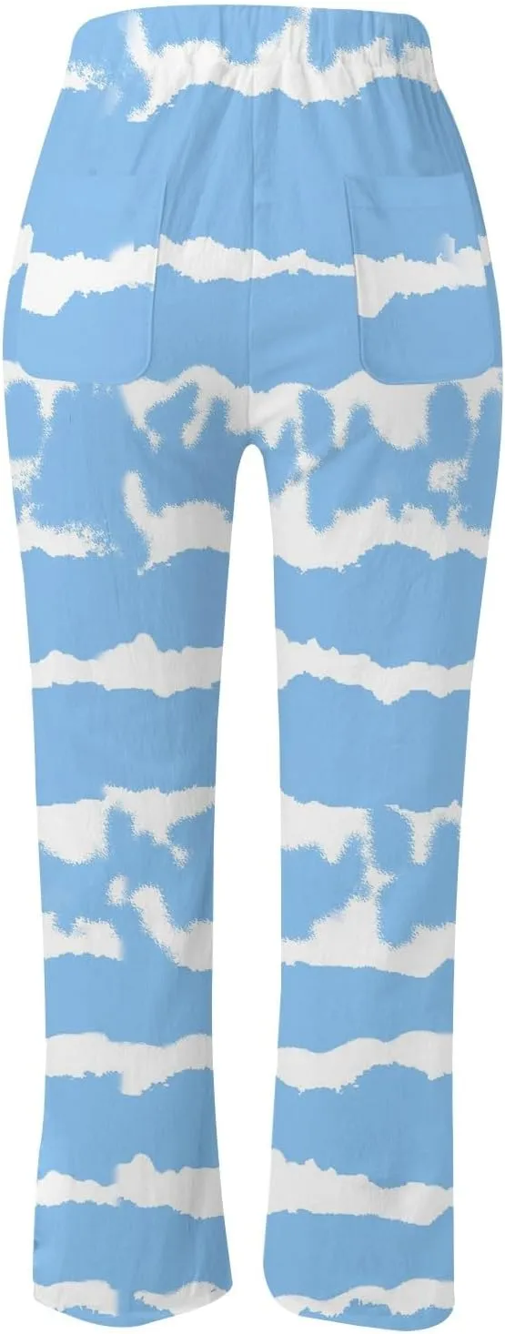 Women's Summer Cotton Linen Pants Elastic Waist Drawstring Straight Leg Lounge Pants Color Block Trousers with Pocket