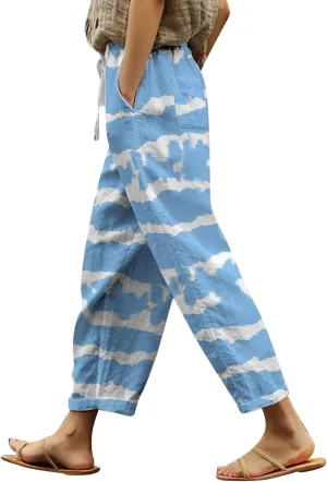 Women's Summer Cotton Linen Pants Elastic Waist Drawstring Straight Leg Lounge Pants Color Block Trousers with Pocket