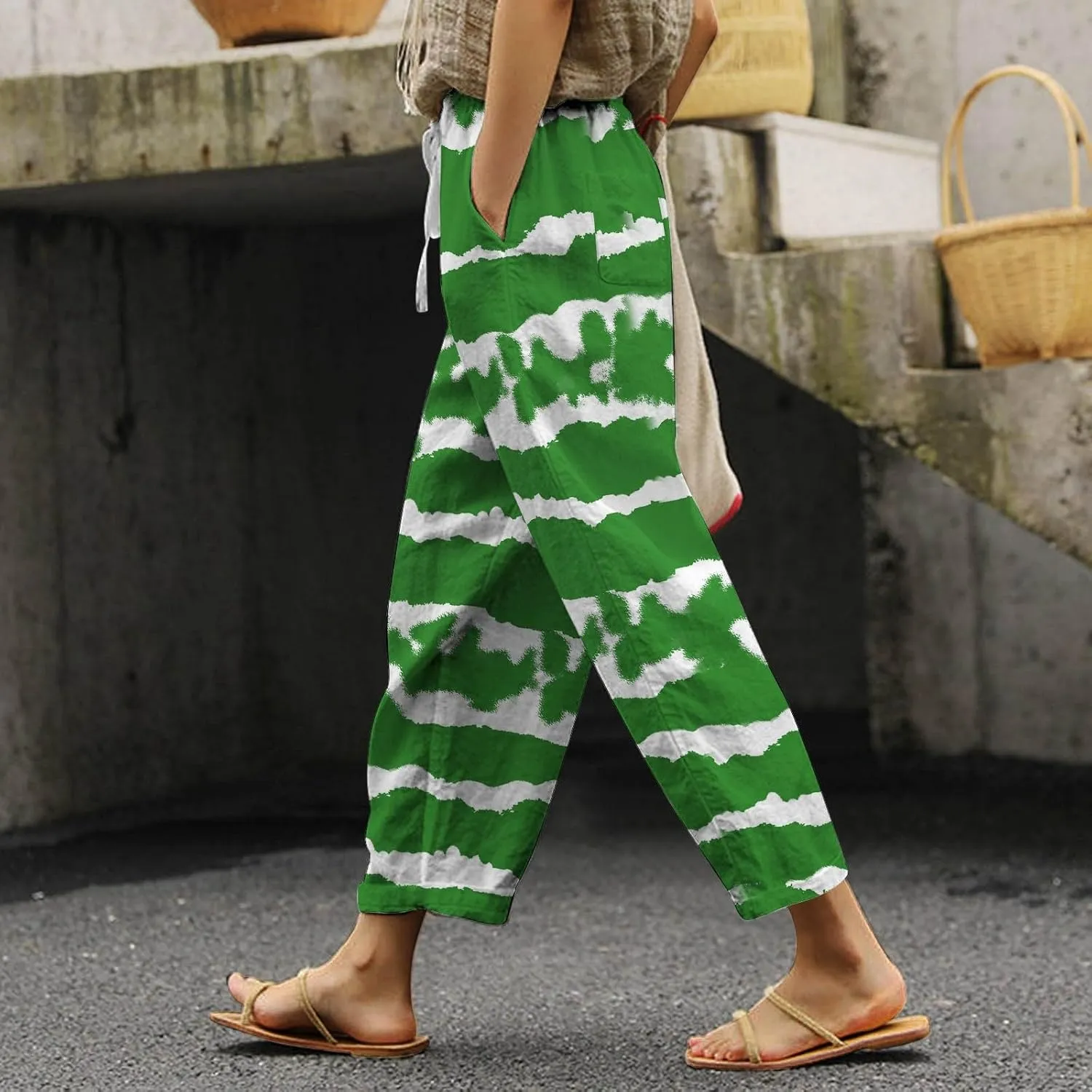 Women's Summer Cotton Linen Pants Elastic Waist Drawstring Straight Leg Lounge Pants Color Block Trousers with Pocket