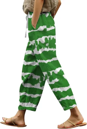 Women's Summer Cotton Linen Pants Elastic Waist Drawstring Straight Leg Lounge Pants Color Block Trousers with Pocket