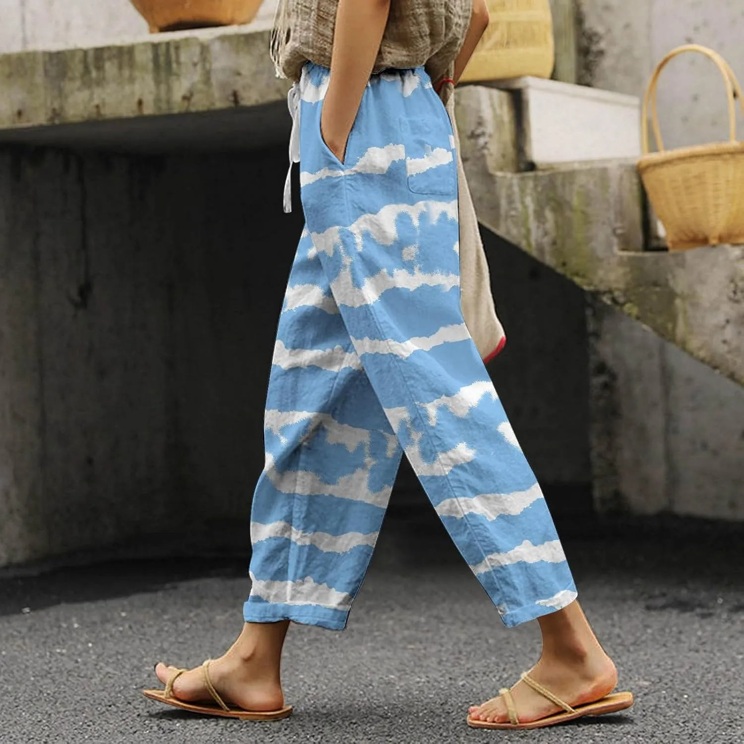 Women's Summer Cotton Linen Pants Elastic Waist Drawstring Straight Leg Lounge Pants Color Block Trousers with Pocket