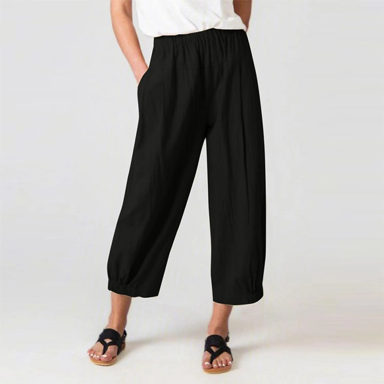 Women's Summer High Waisted Baggy Harem Pants Casual Drawstring Ankle Length Baggy Trousers Slacks with Pockets