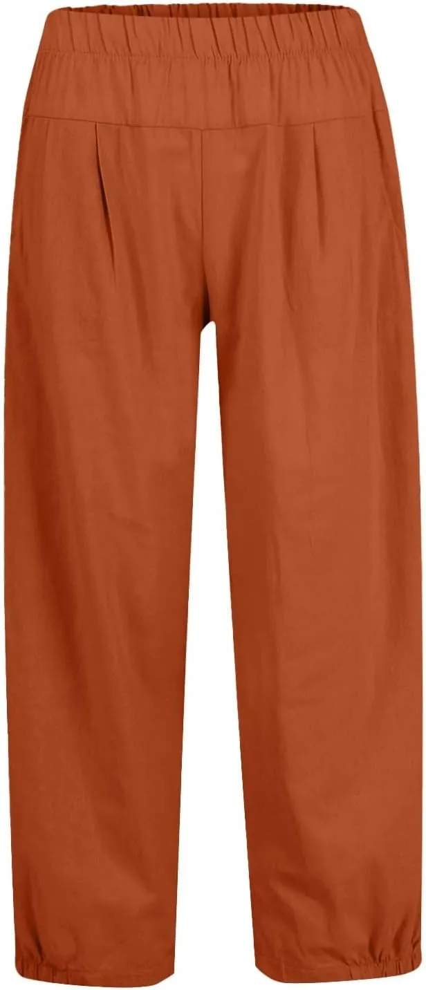 Women's Summer High Waisted Baggy Harem Pants Casual Drawstring Ankle Length Baggy Trousers Slacks with Pockets