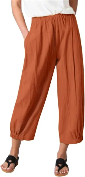 Women's Summer High Waisted Baggy Harem Pants Casual Drawstring Ankle Length Baggy Trousers Slacks with Pockets