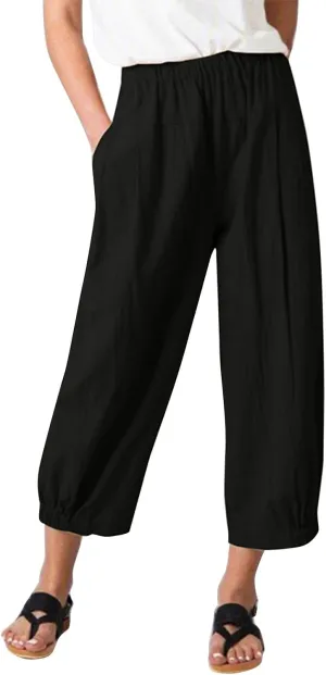 Women's Summer High Waisted Baggy Harem Pants Casual Drawstring Ankle Length Baggy Trousers Slacks with Pockets