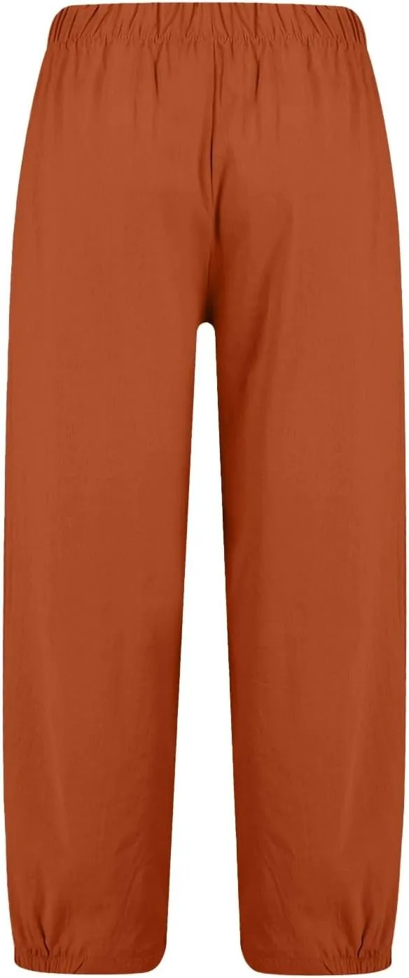 Women's Summer High Waisted Baggy Harem Pants Casual Drawstring Ankle Length Baggy Trousers Slacks with Pockets