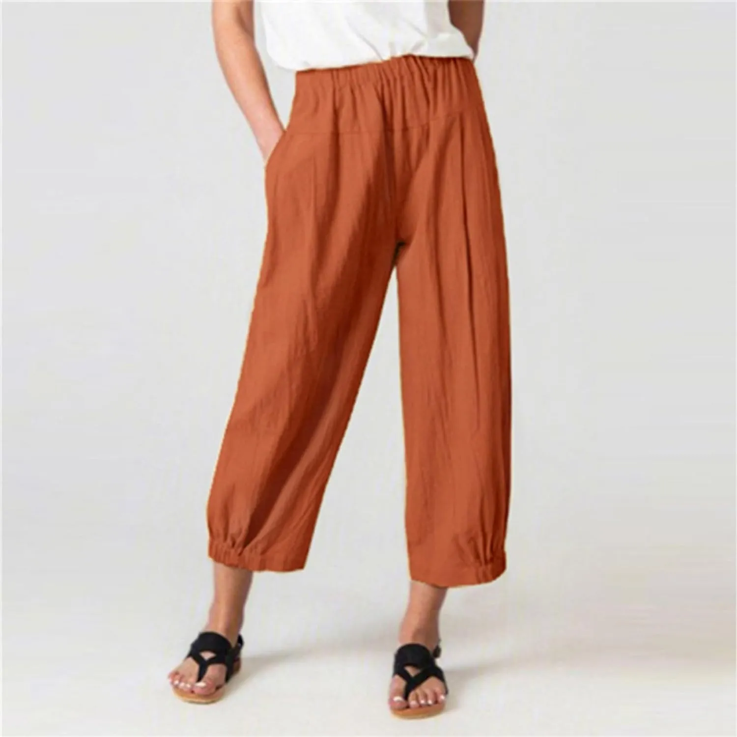 Women's Summer High Waisted Baggy Harem Pants Casual Drawstring Ankle Length Baggy Trousers Slacks with Pockets