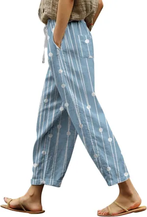 Womens Summer Linen Pants Casual Baggy Pants with Pockets Summer Comfy Wide Leg Trousers Boho Lounge Palazzo Pant