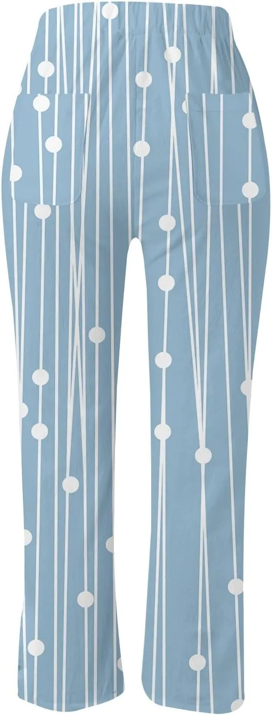 Womens Summer Linen Pants Casual Baggy Pants with Pockets Summer Comfy Wide Leg Trousers Boho Lounge Palazzo Pant