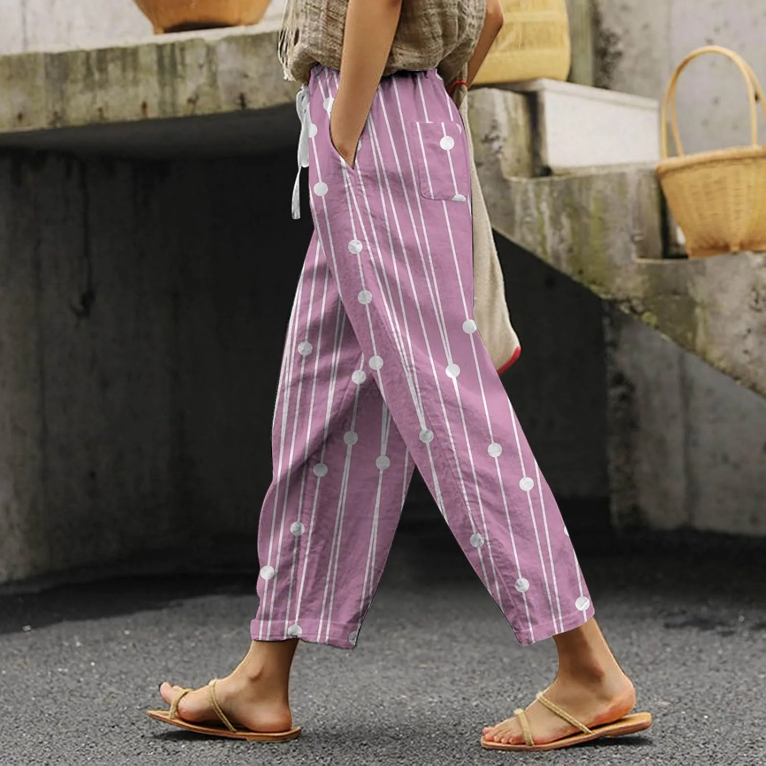 Womens Summer Linen Pants Casual Baggy Pants with Pockets Summer Comfy Wide Leg Trousers Boho Lounge Palazzo Pant