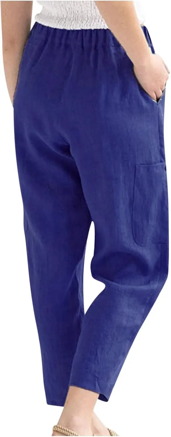 Womens Summer Linen Pants with 4 Pockets Straight Leg Elastic Waist Ankle Length Pants Casual Trousers Bottoms