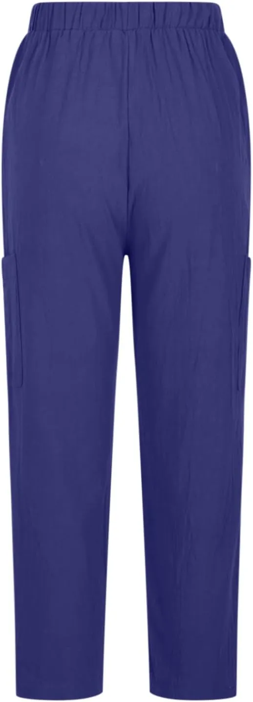 Womens Summer Linen Pants with 4 Pockets Straight Leg Elastic Waist Ankle Length Pants Casual Trousers Bottoms