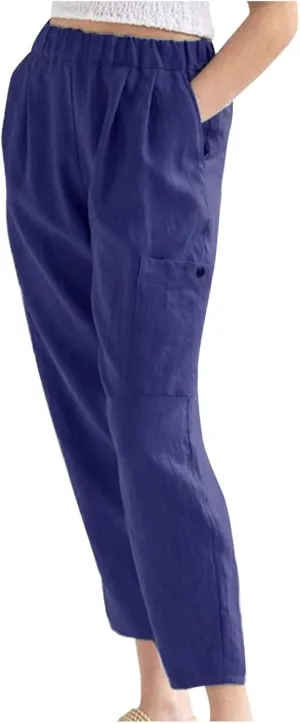 Womens Summer Linen Pants with 4 Pockets Straight Leg Elastic Waist Ankle Length Pants Casual Trousers Bottoms