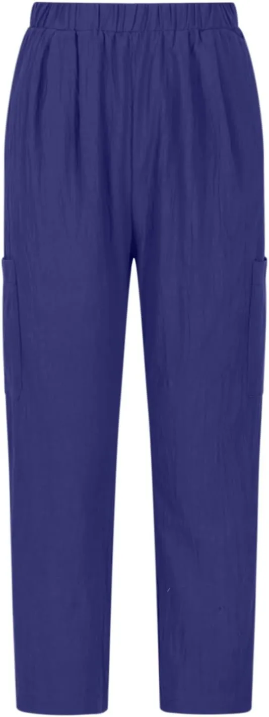 Womens Summer Linen Pants with 4 Pockets Straight Leg Elastic Waist Ankle Length Pants Casual Trousers Bottoms