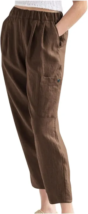 Womens Summer Linen Pants with 4 Pockets Straight Leg Elastic Waist Ankle Length Pants Casual Trousers Bottoms