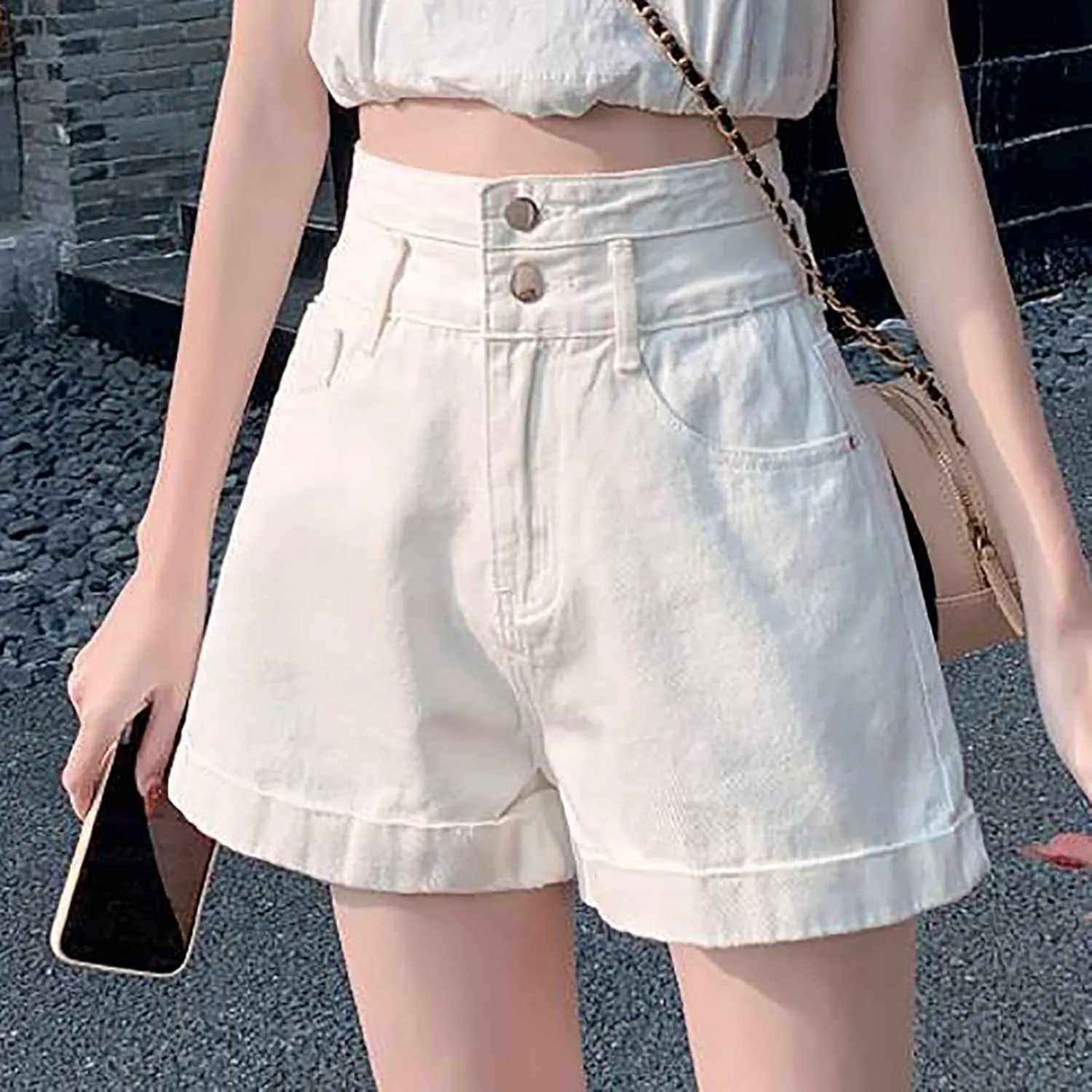 Womens Trendy Summer Denim Shorts A-Line High Waisted Folded Hem Jeans Shorts for Teen Girls Juniors Fashion Short Jeans