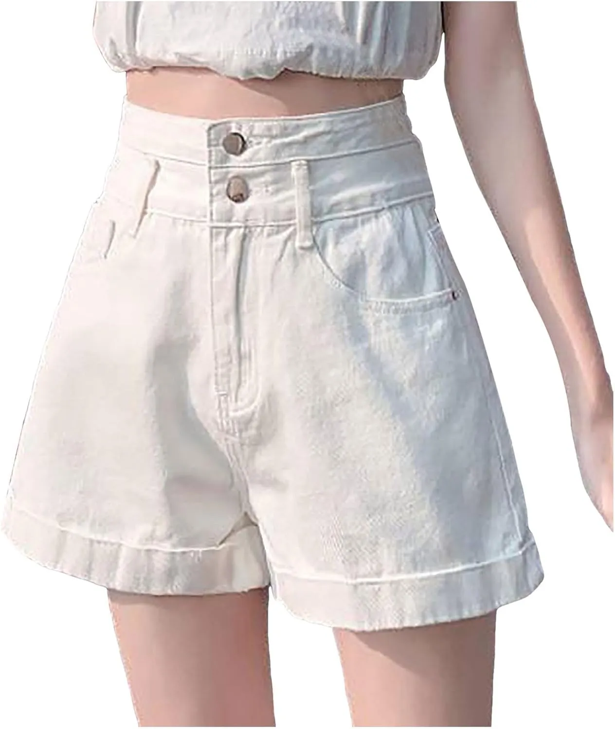 Womens Trendy Summer Denim Shorts A-Line High Waisted Folded Hem Jeans Shorts for Teen Girls Juniors Fashion Short Jeans